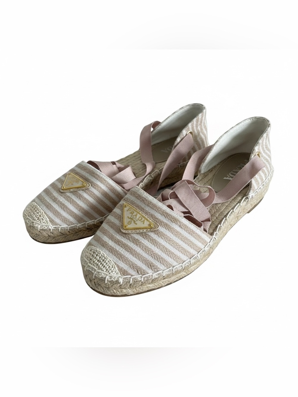 Prada Beige Striped Espadrille Flats with Ribbon Ties
